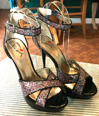 LUICHINY MULTICOLOR SPARKLE ANKLE STRAP STILETTO KU DOZE PLATFORM HEELS 7.5M