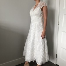 Ivory Lace Overlay Tea Length A-Line Wedding Dress