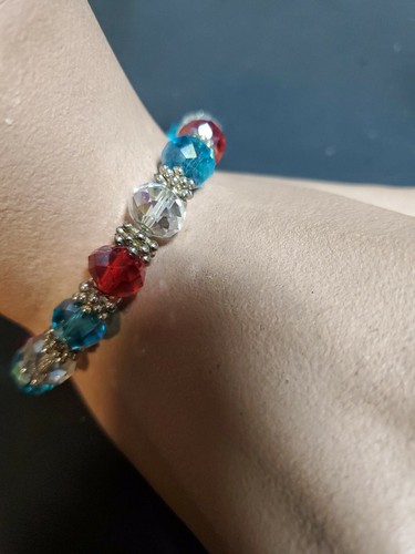 Czech Crystal Bracelet, Clear, Red, &Blue with Silver Rondelle between Them 7," - Picture 7 of 10
