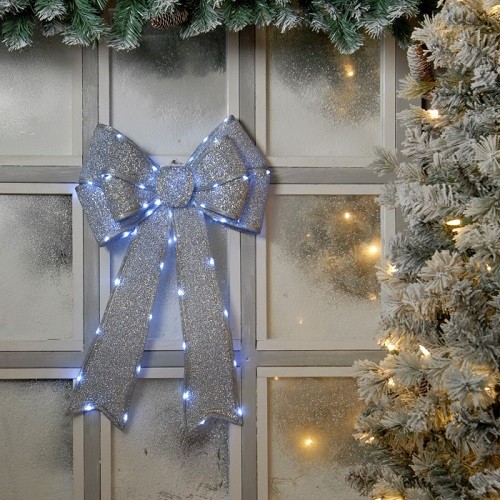 Festive P036709 40cm x 60cm Lit Silver bow - Picture 1 of 1