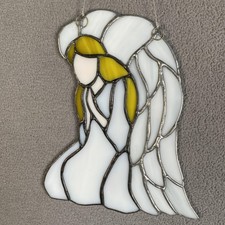 Stained Glass Angel Suncatcher Praying Kneeling Window Hanging Medium White