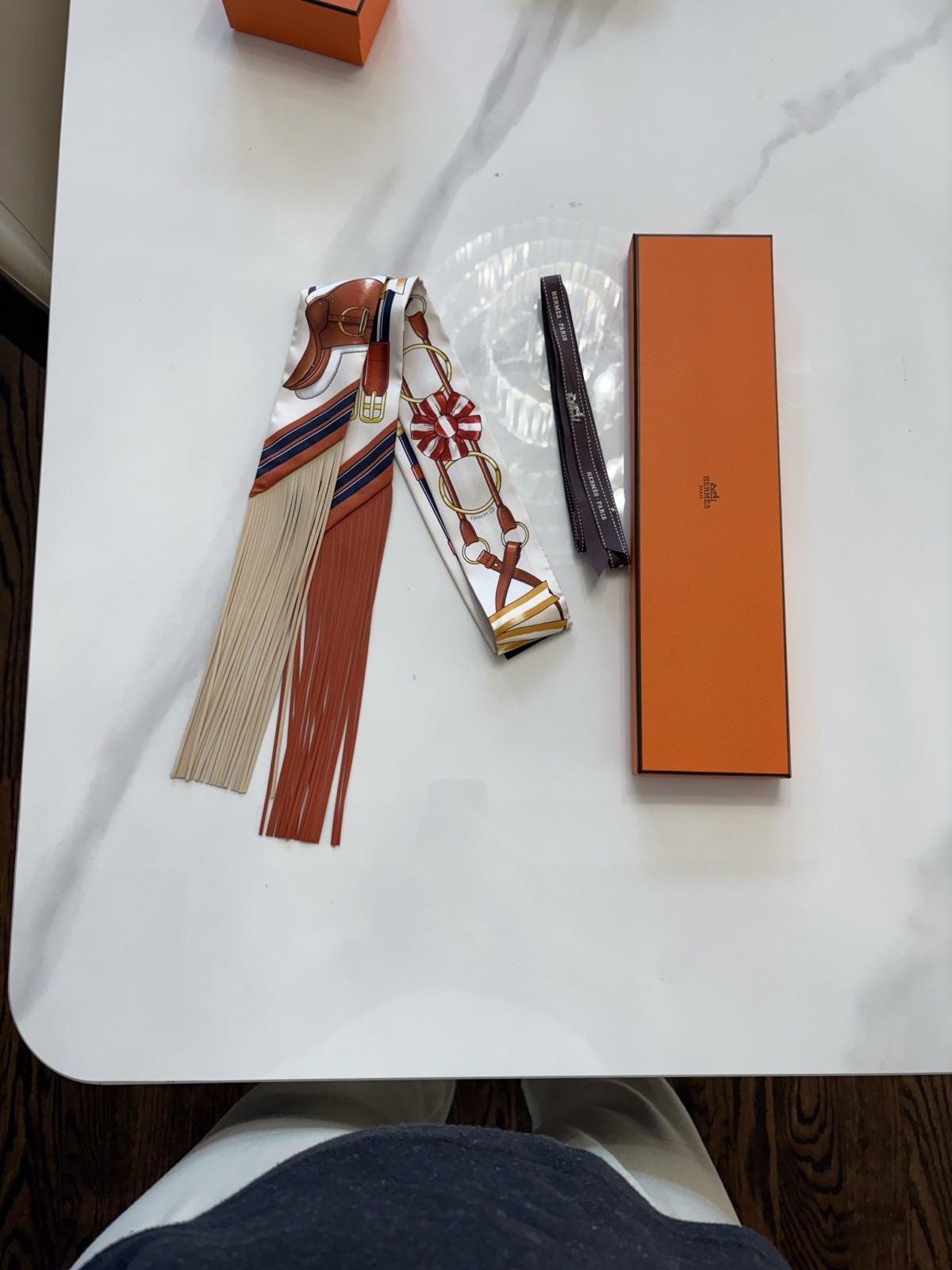 Hermes Jumping Fringe Twilly Scarf Folk Fringe Leather Cream Alezan - NWT