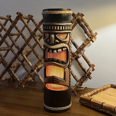 VTG Bamboo Tiki Reptile Man Carved Table Lamp MCM Tiki Bar Tropical Light 16 