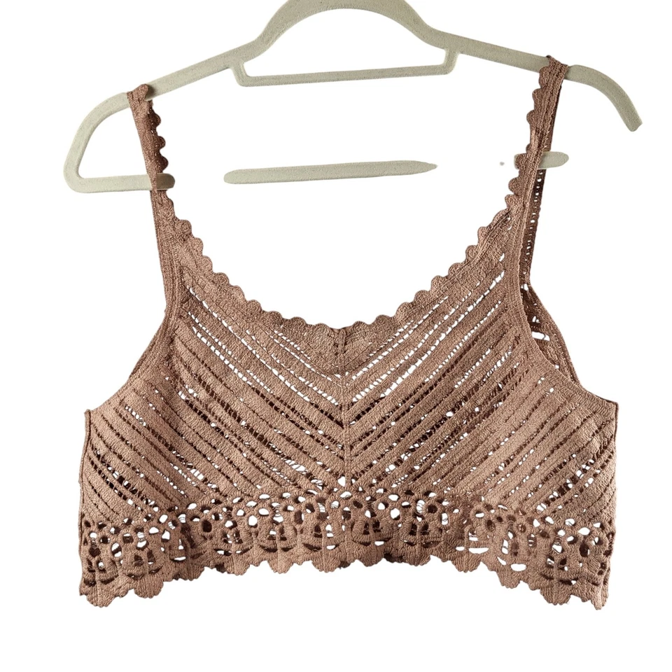NUEVO POL Talla M/L Todo Algodón Beige Tejido Recortado Tejido Cami Top Crochet Estilo Transparente Foto 3 de 4