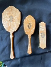 Vtg Art Deco Celluloid Vanity Set Mirror Hair Clothes Brush Monogram AMB 3pc