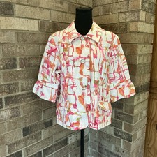 Chico's 100 Cotton Watercolor Print Jacket Sz 2 Pink Orange Ruffle Sleeve 44E6