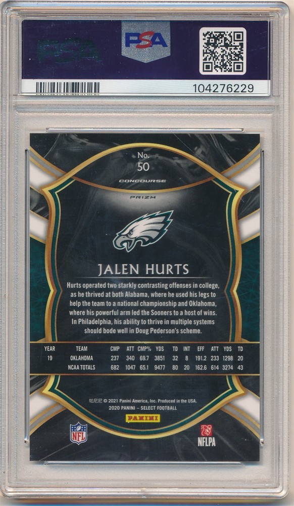 JALEN HURTS 2020 PANINI SELECT #50 RC ROOKIE ZEBRA PRIZMS EAGLES PSA 10 GEM MINT view 2