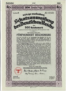 Deutsches Reich Berlin 1936 Treasury Loan 500 Reichsmark VF