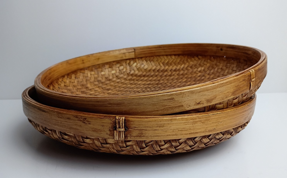 Vintage Round Shallow Woven Baskets (2) Bamboo Rattan Boho 11.75