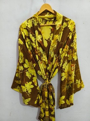 Summer Wear Robe Long Bell Sleeves Silk Robe Sari Fabric Kimono ,  L-718