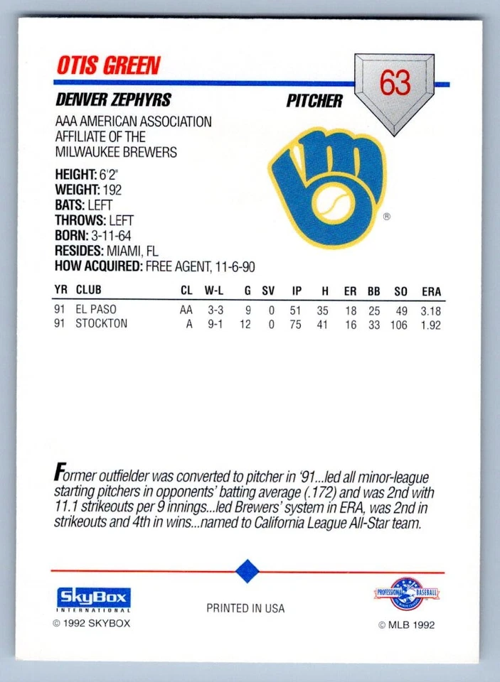 1992 Otis Green #63 Denver Zephyrs - Image 2 of 2