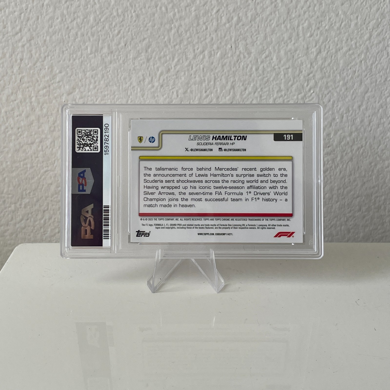 2025 Topps Chrome Formula 1 Lewis Hamilton “On the Move” 1/5 Red Refractor PSA9 view 2