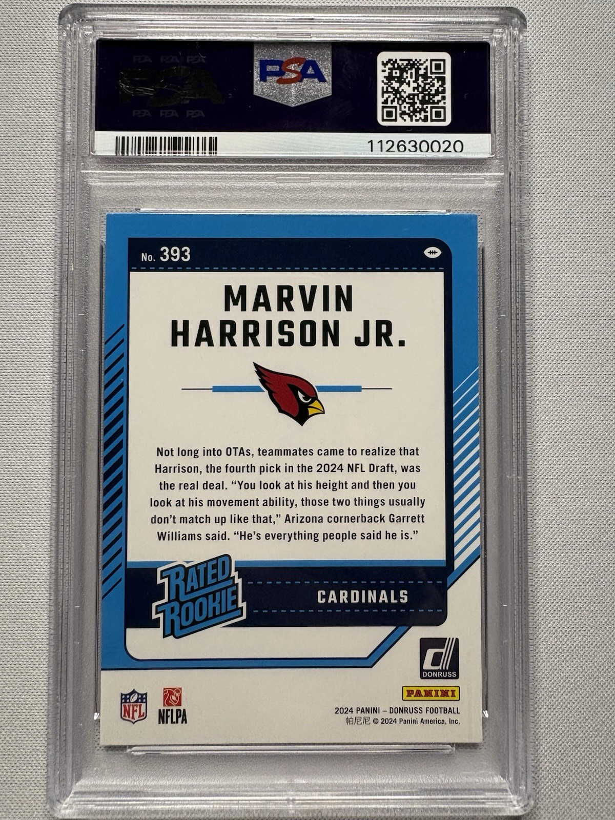 2024 Panini Donruss Rated Rookie Marvin Harrison Jr. #393 (RC) PSA 9 Mint view 4