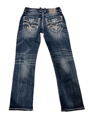 Mens Rock Revival Jean BREXTON 36x32 Straight Leg Blue Wash White
