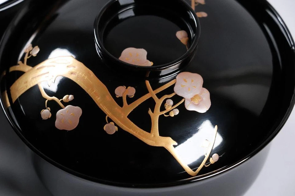 Juego de 5 cuencos de laca japonesa Ume Maki e tapa Kaiseki ceremonia del té negro Foto 4 de 4