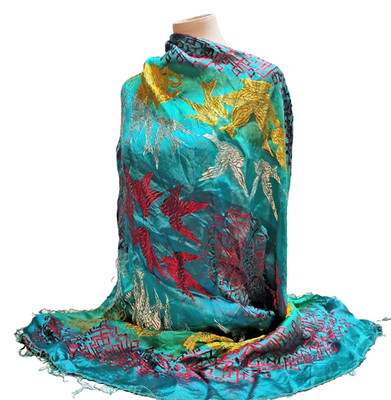 VTG Chinese Embroidered Silk Wrap Scarf w/Birds Geometric Designs Tassels 45X41