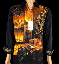Robert Graham Christmas Fireplace Cocktails Embroidery Theme Shirt Large $299