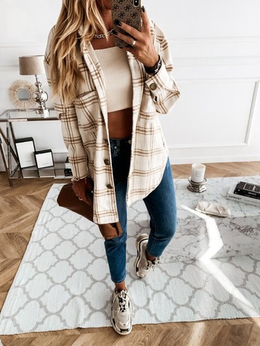 Womens Checked Fleece Casual Jacket Shacket Top Shirt Coat Tunic Oversized Baggy - Picture 7 of 17