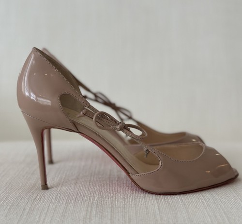 Christian Louboutin Delico 85 Nude Patent Leather Pumps Side Bow Size 36 USED - 第 1/15 張圖片