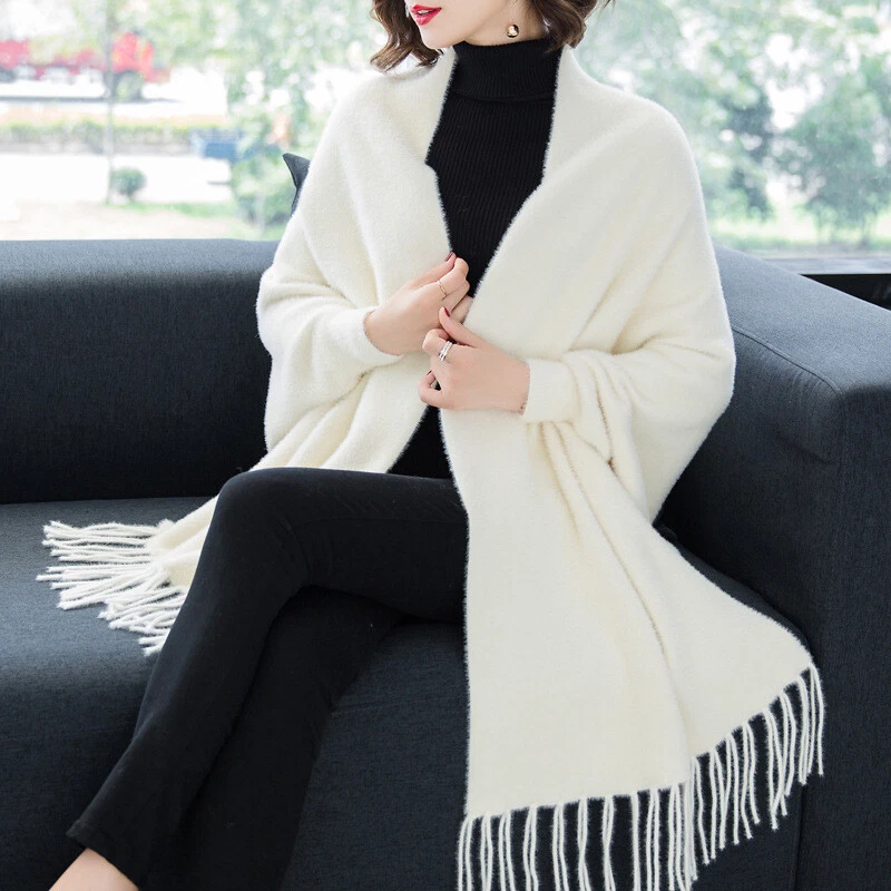 Womens Cape Poncho Outwear Warm Elegant Faux Fur Tassel Sleeves Shawl Cloak Coat - Image 2 of 4
