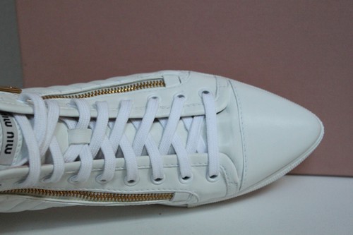 8.5 / 38.5 Miu Miu Pointed Toe White Leather Lace up High Top Sneaker Flat Shoes - Picture 6 of 12