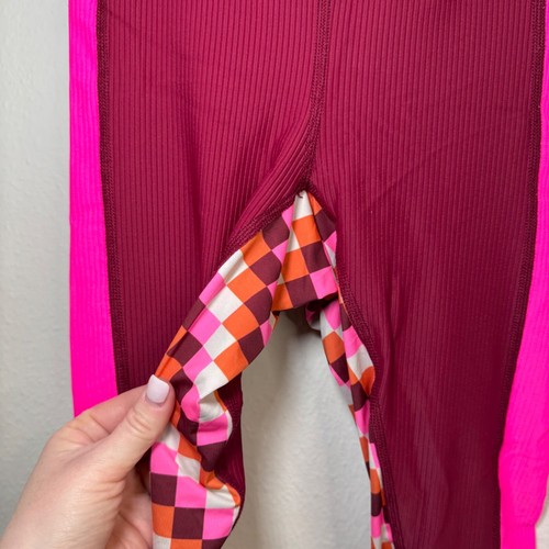 Beach Riot Leggings Women's SM Maroon Pink Colorblock Retro Athleisure Ribbed - Picture 4 of 7