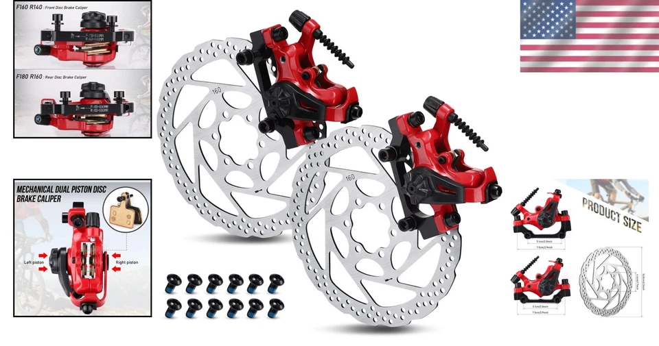 Premium Dual Piston Disc Brake Caliper Kit with Lightweight 160mm Rotors - Red - Image 2 of 4
