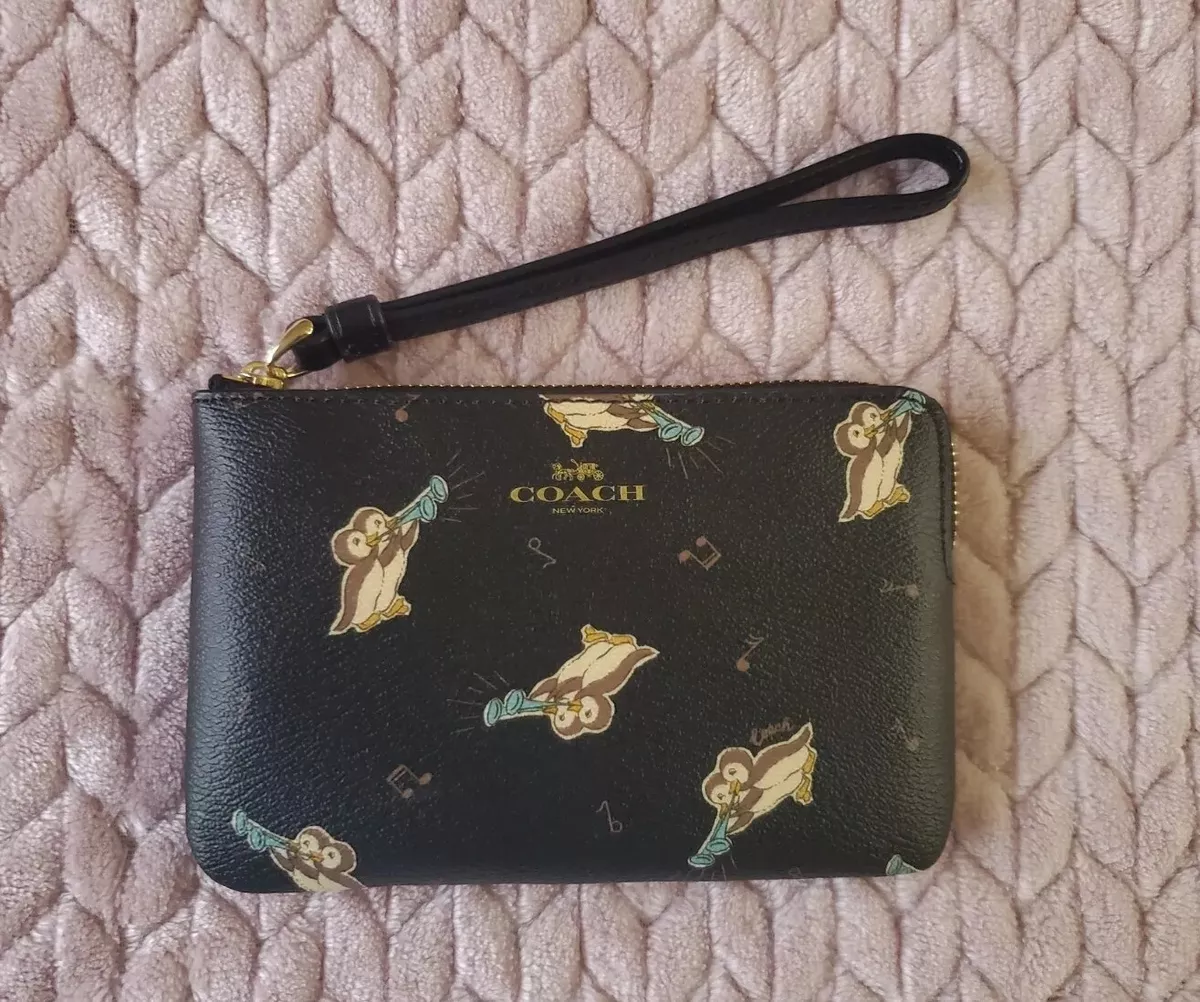 COACH Penguin Print Corner Zip Wristlet Wallet Clutch Gold Black