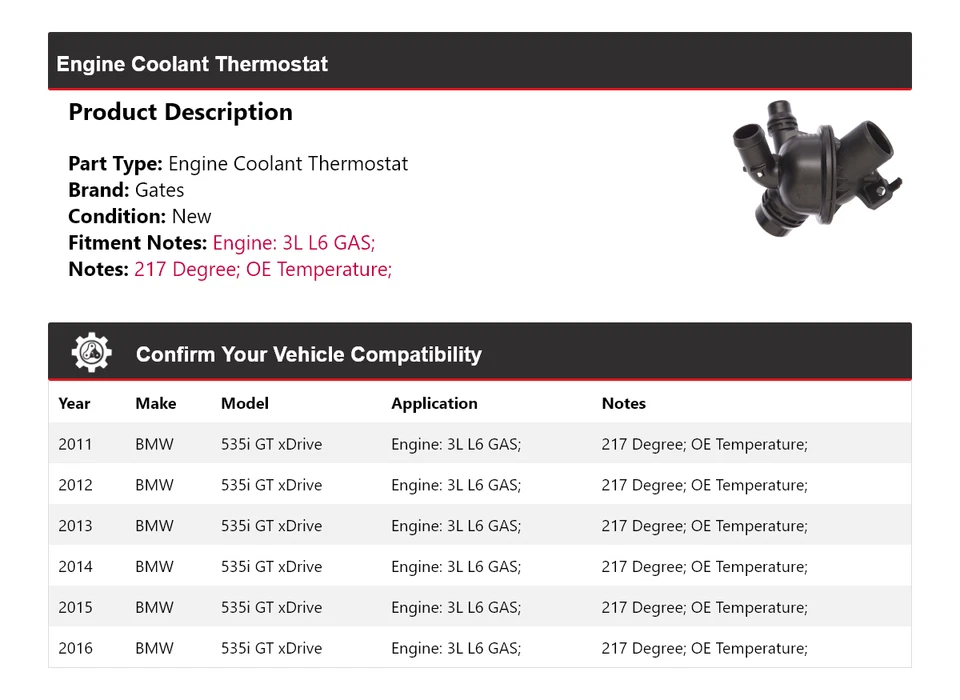 Para BMW 535i GT 2011-2016 xDrive 3L L6 Motor Gas Refrigerante Termostato Puertas 2012 Foto 2 de 4