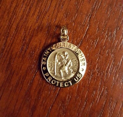 14K MASSIVES GOLD KLEINER HEILIGER CHRISTOPHER MEDAILLE CHARM RUNDER ANHÄNGER - 0,9'' ZOLL