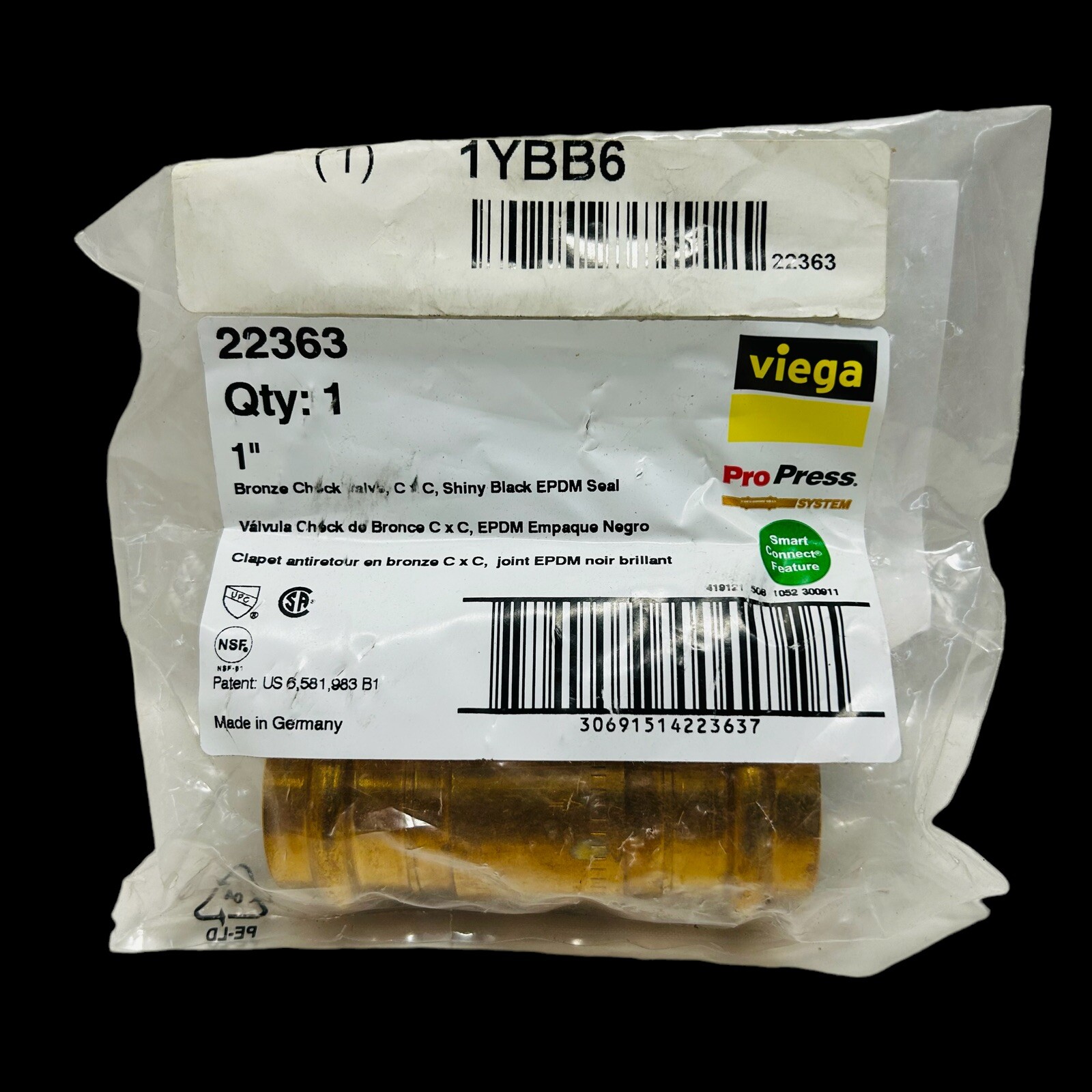 NEW Viega 22363 1" Inch C x C Bronze ProPress Check Valve With Black EPDM Seal