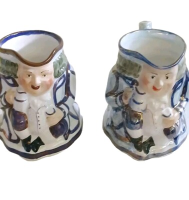 COLLECTOR'S STAFFORDSHIRE TOBY JUGS COLONIST COBALT BLUE WHITE CERAMIC SET OF 2