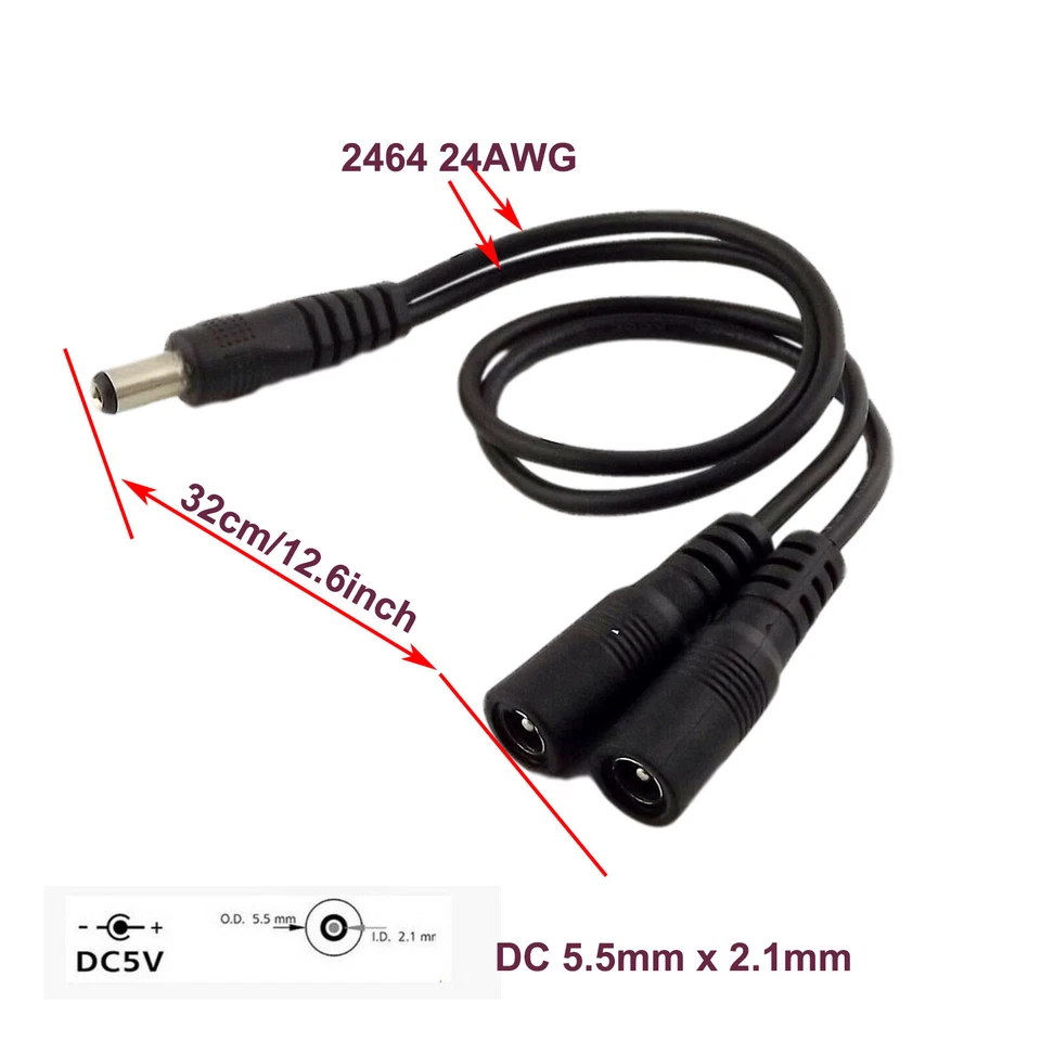 5.5mm x 2.1mm DC Power Splitter Cable Cord 1 Male to 2 Female Port Pigtals 12V - Image 2 of 4