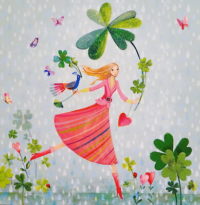 Mila Marquis Postkarte 14x14 Frau mit Kleeblatt*Glitzer*Grußkarte Glücks-Klee