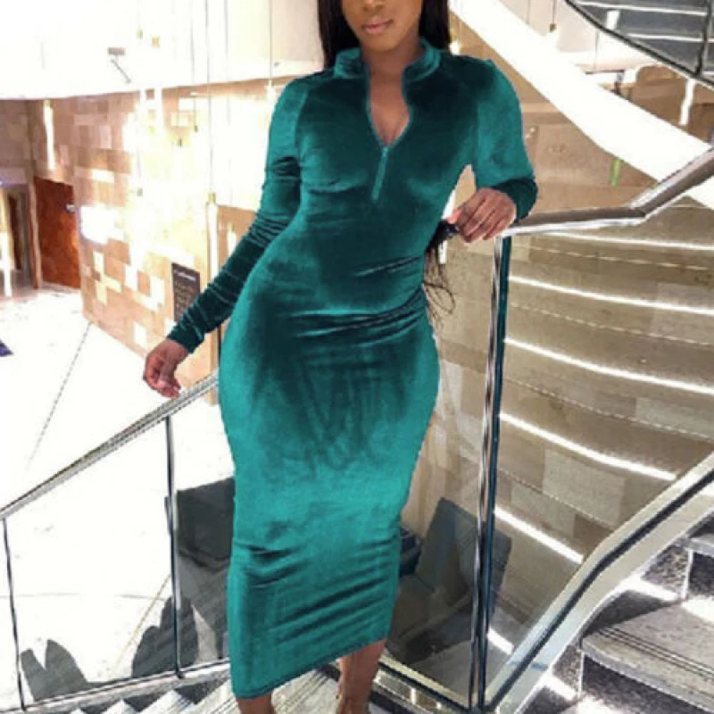 VALENTINO Maxi abito donna invernale zip scollo V manica lunga tinta unita body party cocktail club