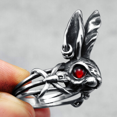 Retro Red Stone Eye Rabbit Ring Stainless Steel Bunny Rock Biker Ring Size 7-13