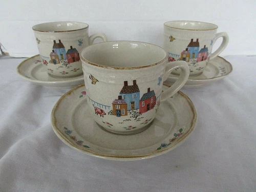 Vintage International Stoneware Heartland Coffee Cups & Saucers 7774 Lot of 3
