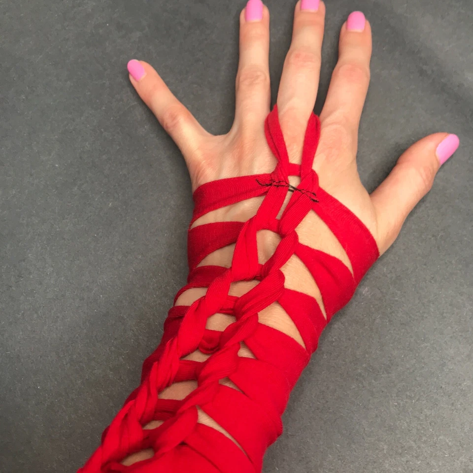 Corsé Rojo Largo Calentadores de Brazos Guantes con Cordones Cyber Goth Post Apocalipsis Cubiertas Psy Foto 2 de 4