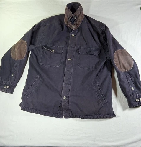 Basic Editions Canvas Barn Jacket Mens Large Blue Corduroy Trim Elbow Patch Coat - product listing photo