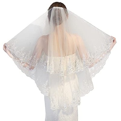 【新品】 Angel White Veil 2個 White Sequined Bridal Veil 2 Tier Fingertip Length Lace Edge With