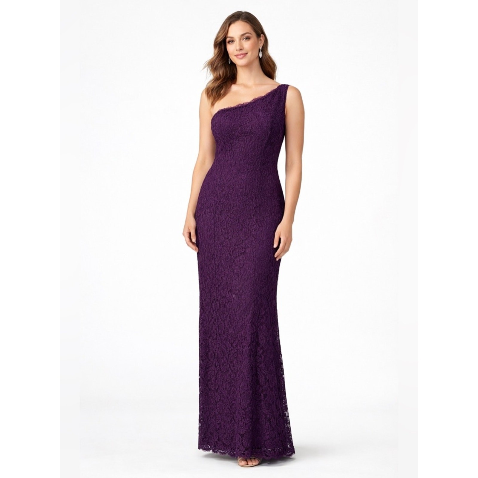 Adrianna Papell Size 12 Purple Lace One Shoulder Evening Gown Formal Dress