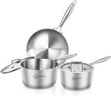 LOLYKITCH Cookware Set of 5 Stainless Steel Frying Pan Saucepan 1.5QT and 3QT