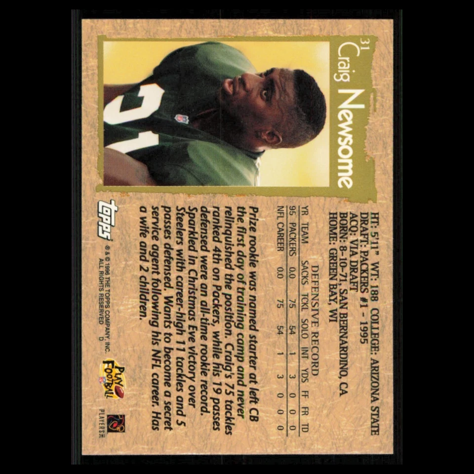 Craig Newsome #31 1996 Topps Green Bay Packers Football Card NFL NM - Image 2 of 3