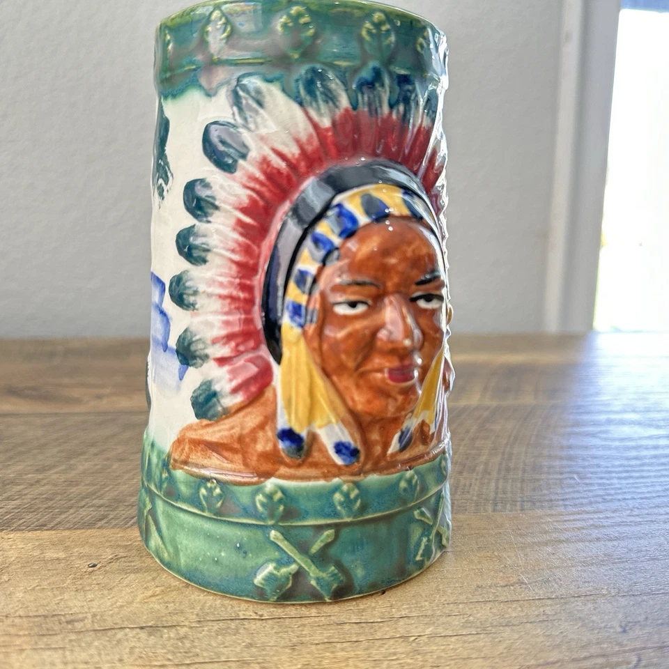 Taza de cerámica 3D vintage pintada a mano jefe indio nativo americano figura Stein Foto 4 de 4