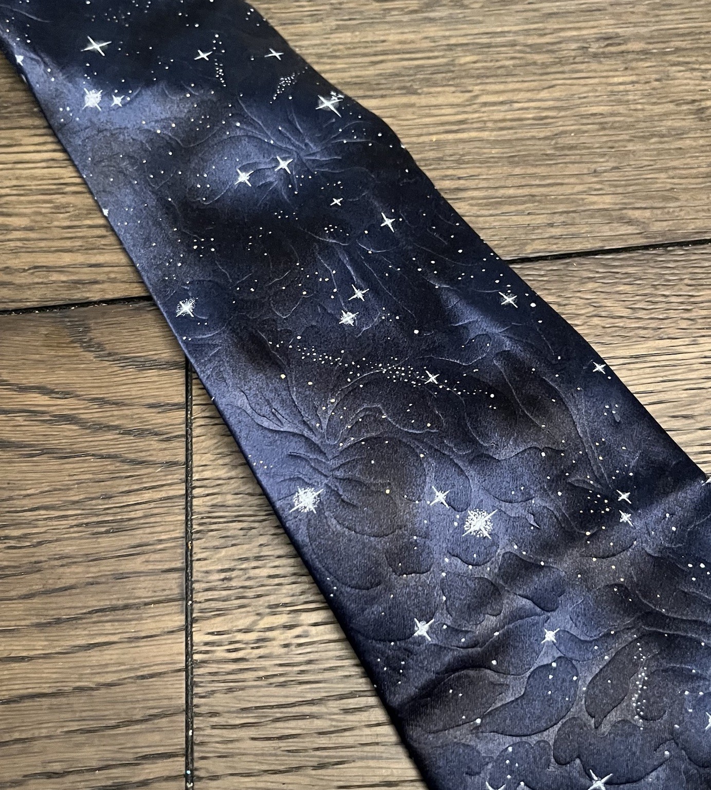 LANVIN Paris Mens 100% Silk Tie Blue Stars Space Year 2000 Made in France 57.5"