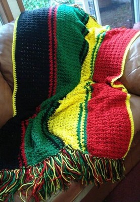 Crocheted Afghan Throw/ Blanket Rasta/ Reggae Red Yellow Green Stripe ...