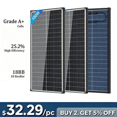 AeternaSol 2Pack 100W Bifacial Solar Panel 200W 18V Mono N-Type Home RV Off Grid