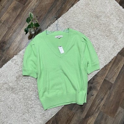 LOFT XL Mint Green Short Puff Sleeve V-Neck Pullover 100% Cotton Sweater NWT