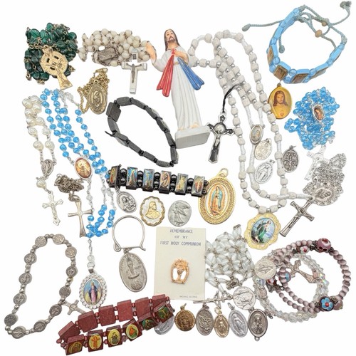 Vintage Catholic Memorabilia Lot 35+ Rosaries Medals Pendants Bracelets Icons