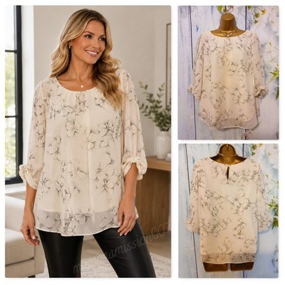 Bluse Wallis creme Blumenmuster Gr. L UK 16 fließend Chiffon 3/4 Arm Oberteil